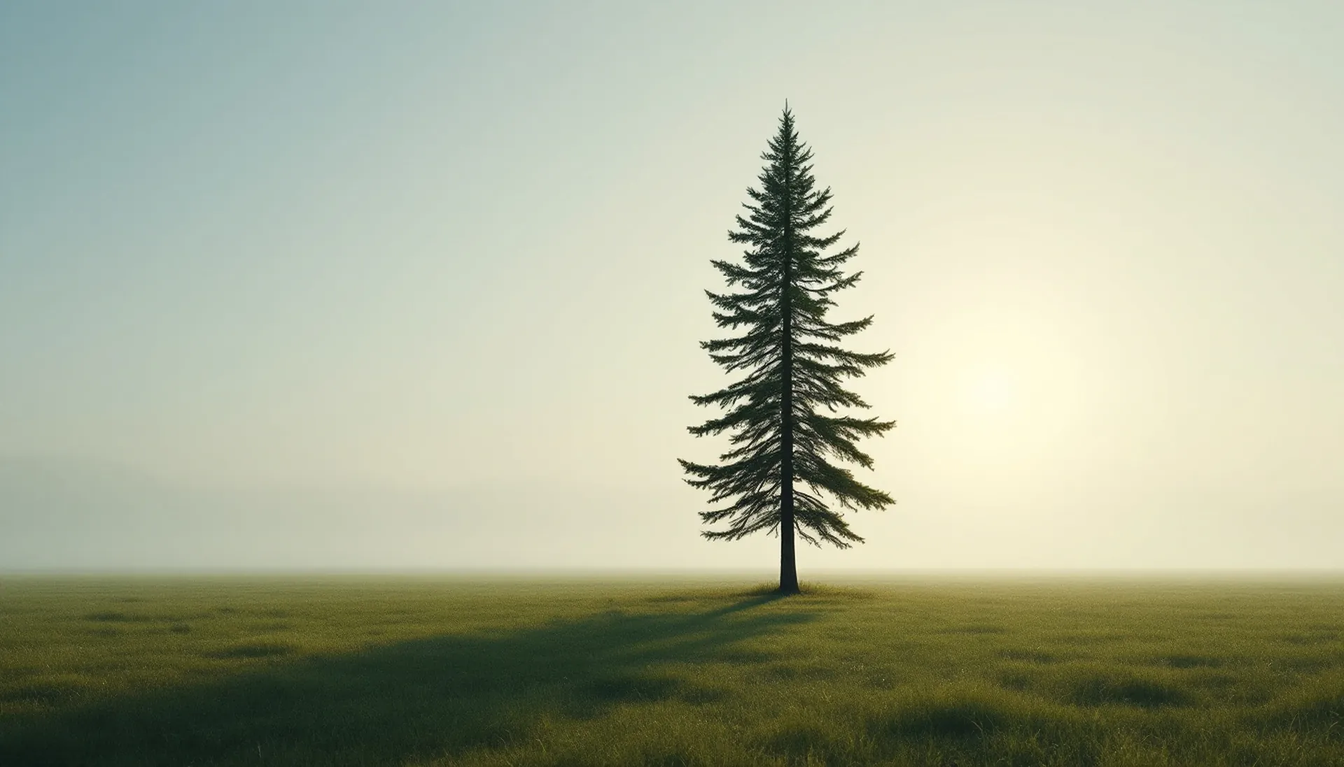 A single tall pine on open lowland at morning, its long shadow across the grass